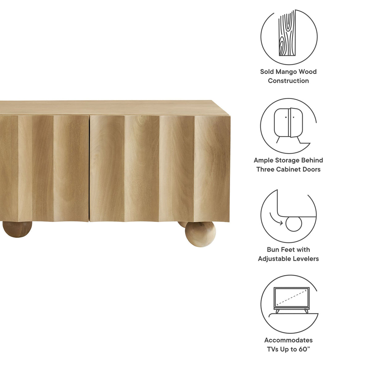 Sorren Scalloped Wood TV Stand natural mango wood with bun feet by HouseOfZazla on Tampa Home & Garden Store
