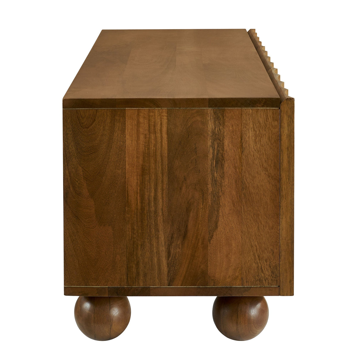 Sorren scalloped wood TV stand, dark brown finish with round ball legs on Tampa Home & Garden Store