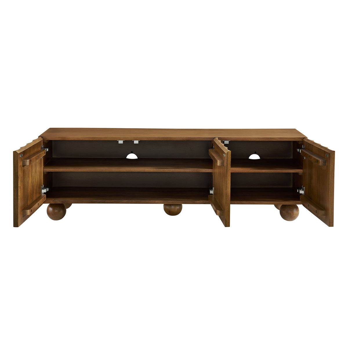 Sorren Scalloped Wood TV Stand by Modway, brown finish, two-door cabinets, open shelves on Tampa Home & Garden Store