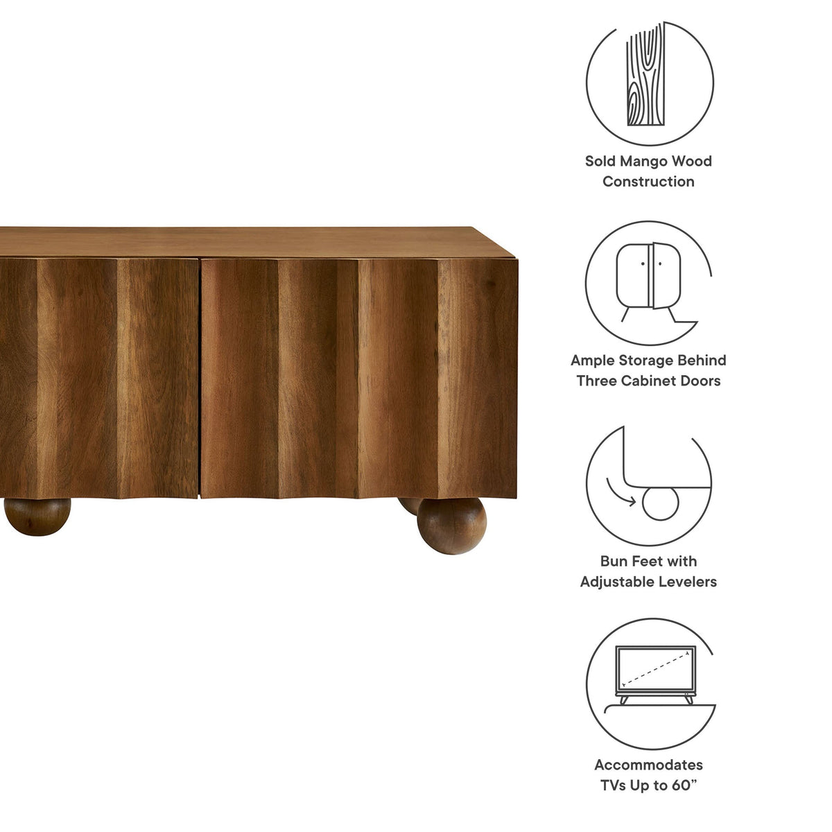 Sorren Scalloped Wood TV Stand, walnut finish, three cabinet doors, bun feet on Tampa Home & Garden Store