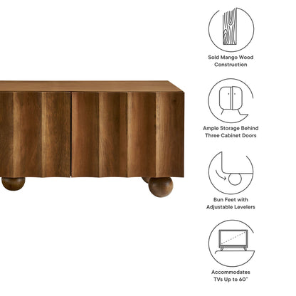 Sorren Scalloped Wood TV Stand, walnut finish, three cabinet doors, bun feet on Tampa Home & Garden Store