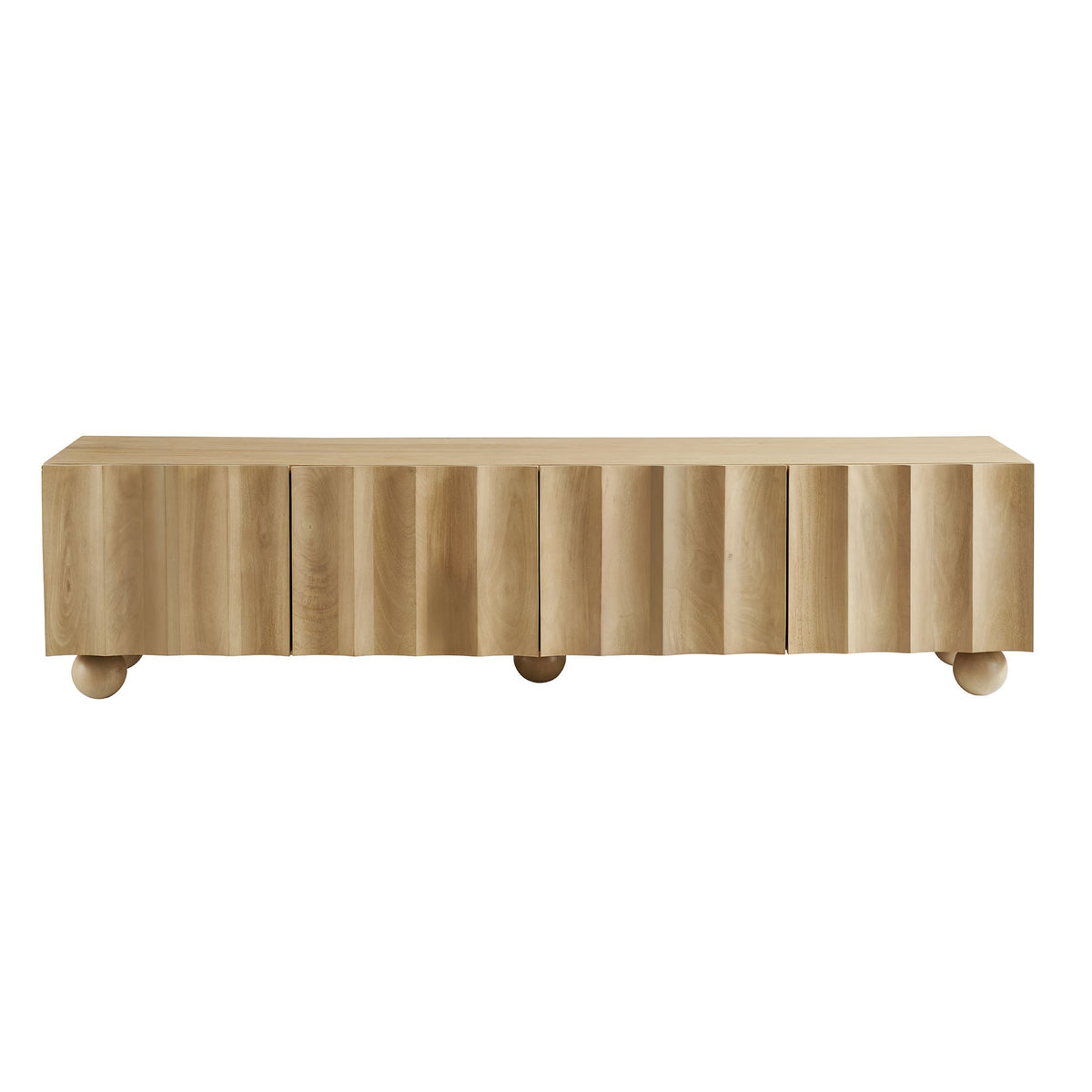 Sorren Scalloped Wood TV Stand natural wood finish with rounded bun feet on Tampa Home & Garden Store