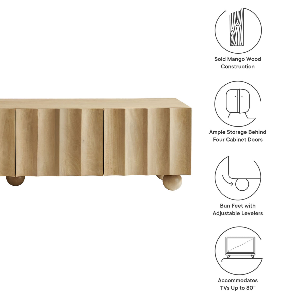 Sorren Scalloped Wood TV Stand by Modway, natural wood with bun feet, fits up to 80-inch TVs on Tampa Home & Garden Store