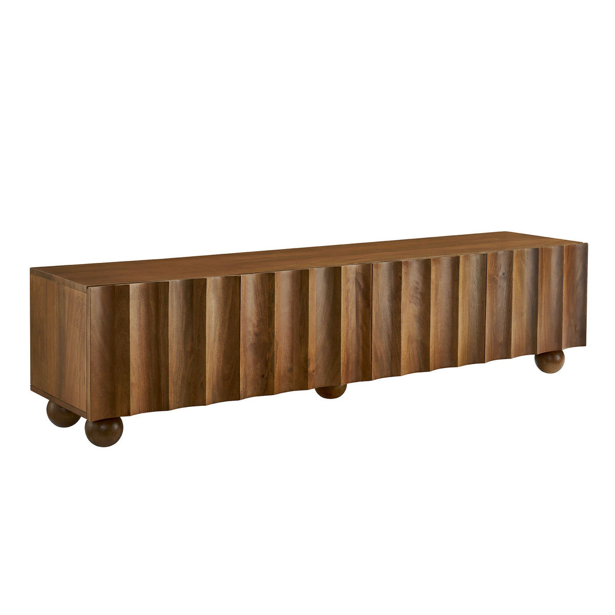 Sorren Scalloped Wood TV Stand in walnut finish with vertical slat panels and rounded feet on Tampa Home & Garden Store