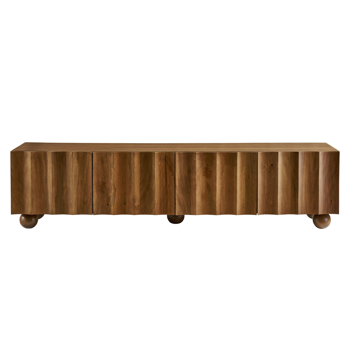 Sorren Scalloped Wood TV Stand in warm brown wood finish with vertical panel detailing on Tampa Home & Garden Store