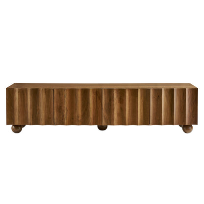 Sorren Scalloped Wood TV Stand in warm brown wood finish with vertical panel detailing on Tampa Home & Garden Store