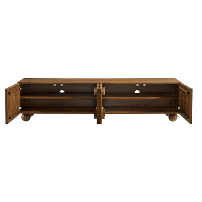 Sorren Scalloped Wood TV Stand, dark brown finish, open storage with shelves on Tampa Home & Garden Store