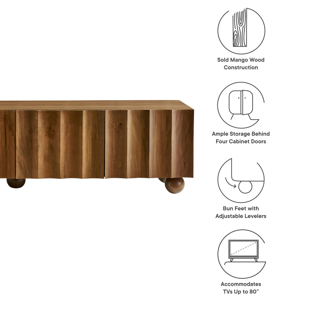 Sorren Scalloped Wood TV Stand by Modway in mango wood with bun feet; fits TVs up to 80 inches on Tampa Home & Garden Store