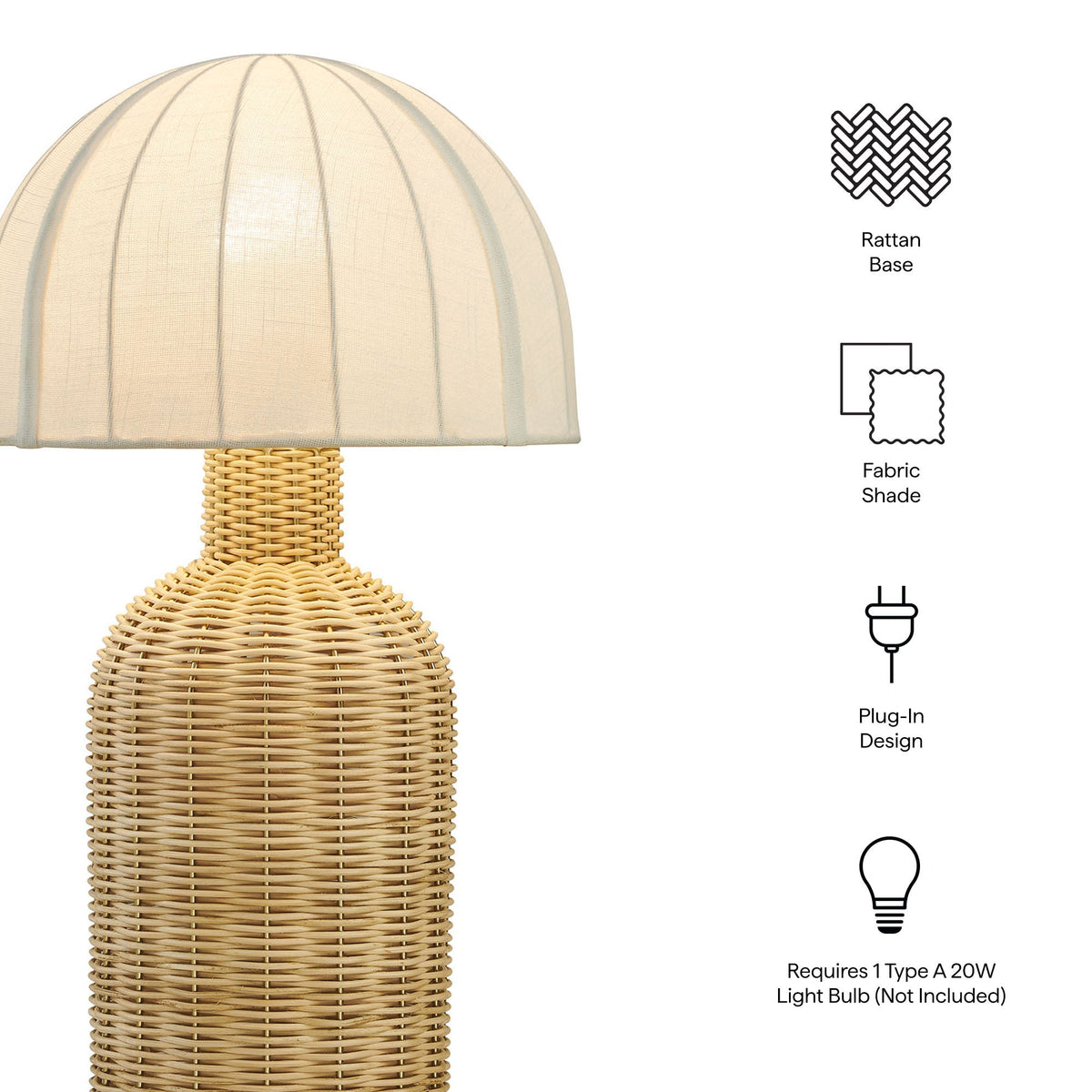Santo Rattan Table Lamp with Dome Shade - beige fabric shade and woven rattan base on Tampa Home & Garden Store
