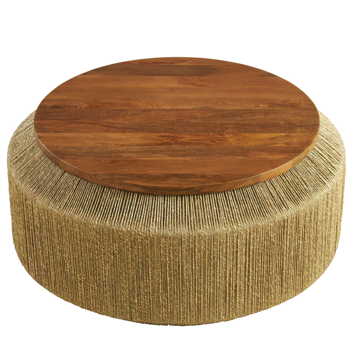 Maris Seagrass and Wood Coffee Table round wood top with rope-wrapped base on Tampa Home & Garden Store