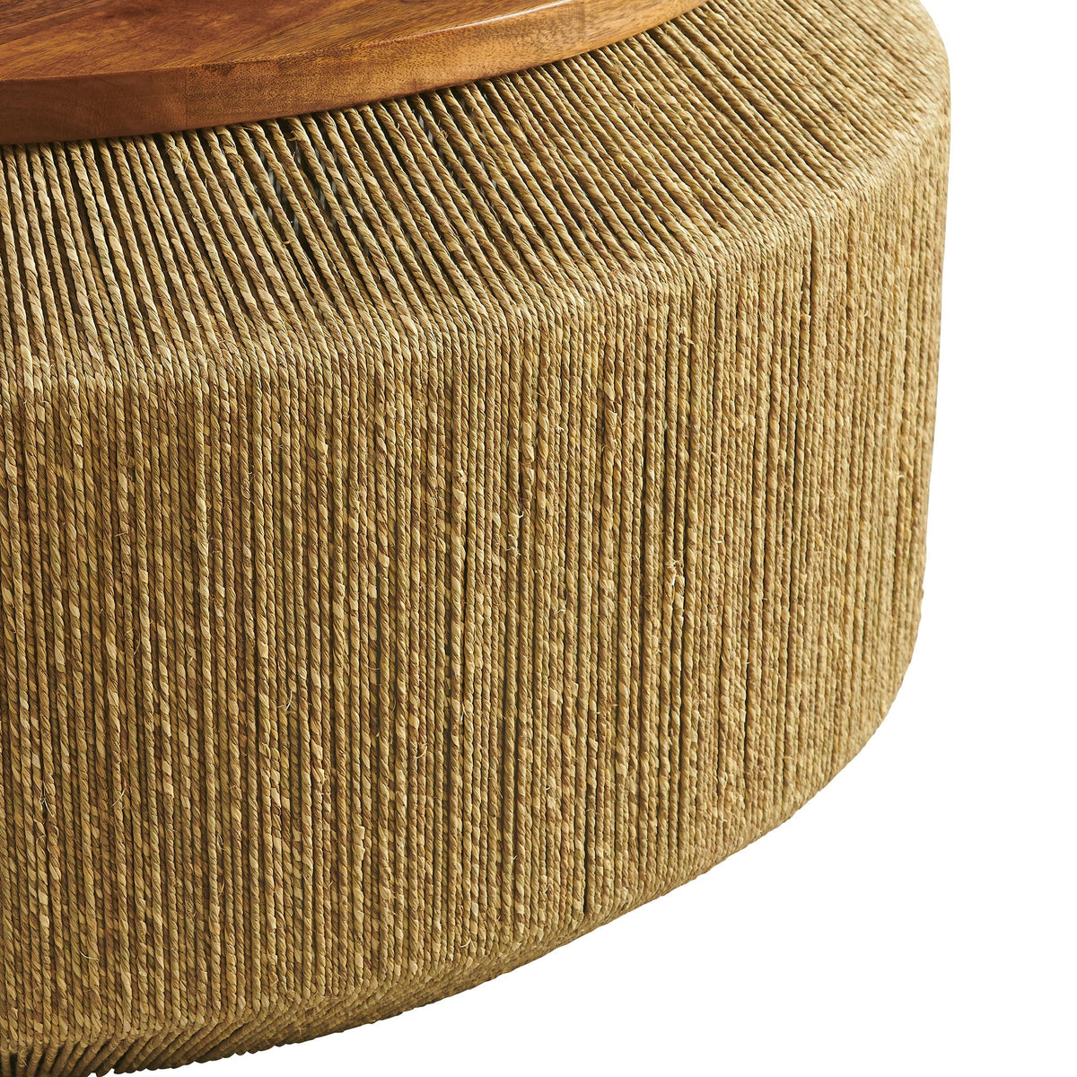 Maris Seagrass and Wood Coffee Table featuring natural seagrass weave and warm wood top on Tampa Home & Garden Store