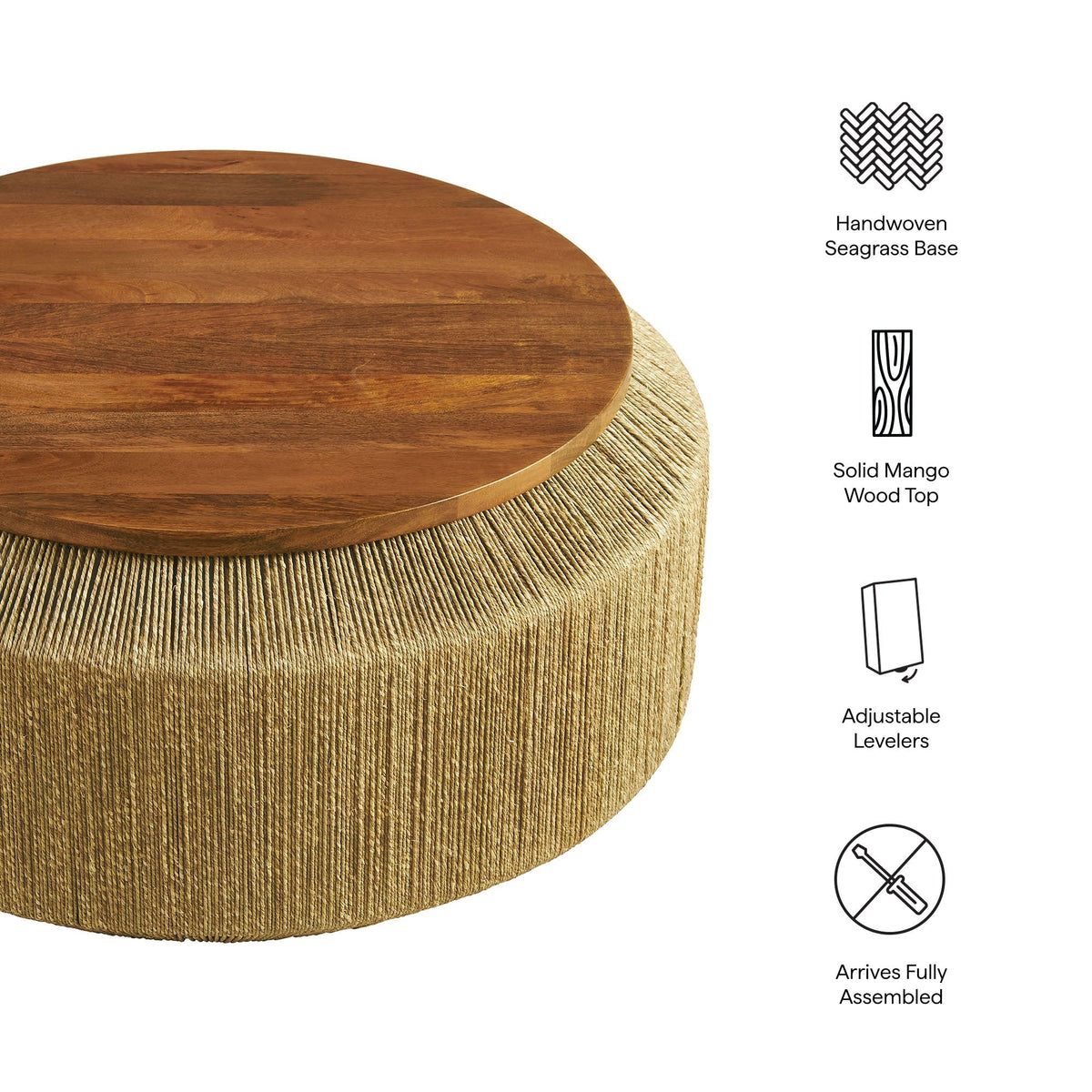 Maris Seagrass and Wood Coffee Table round mango wood top with handwoven seagrass base on Tampa Home & Garden Store