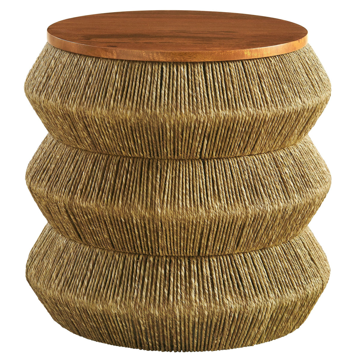 Maris Seagrass and Wood end table with round wood top and textured seagrass-wrapped base on Tampa Home & Garden Store