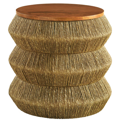 Maris Seagrass and Wood end table with round wood top and textured seagrass-wrapped base on Tampa Home & Garden Store