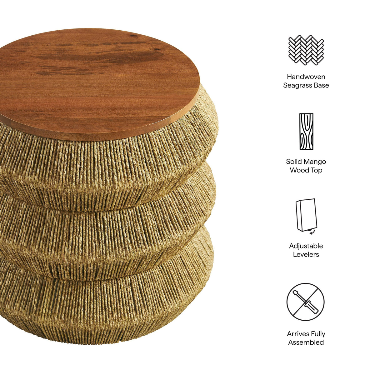Maris Seagrass and Wood End Table with round wood top and woven seagrass base on Tampa Home & Garden Store