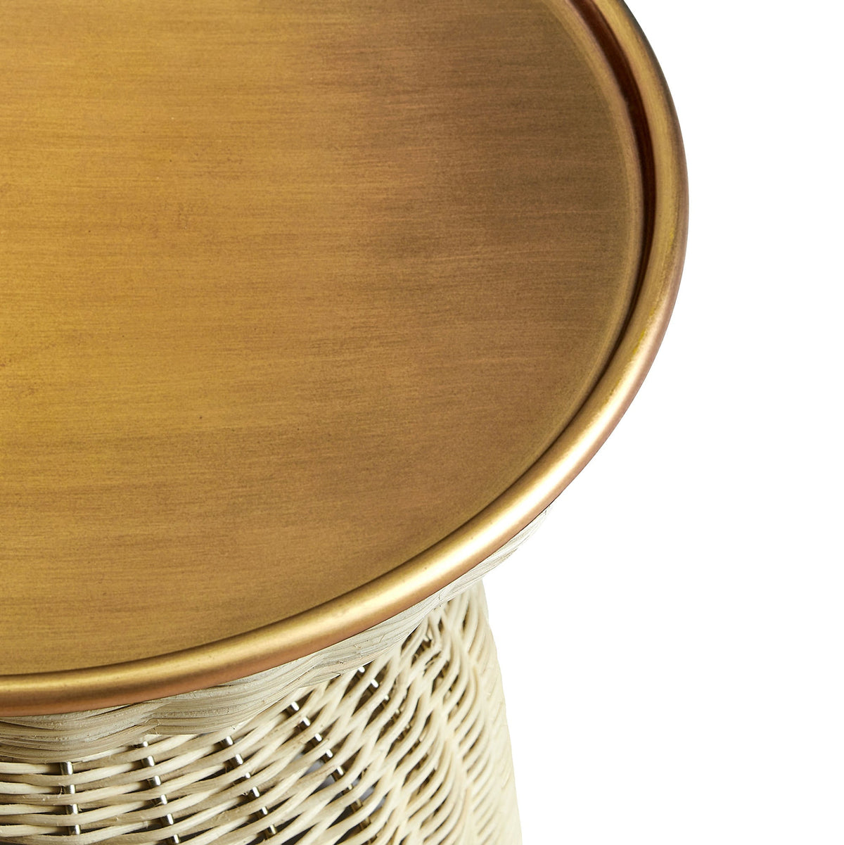 Lazaro Round Rattan Side Table with warm wood top and brass rim over a woven basket base on Tampa Home & Garden Store