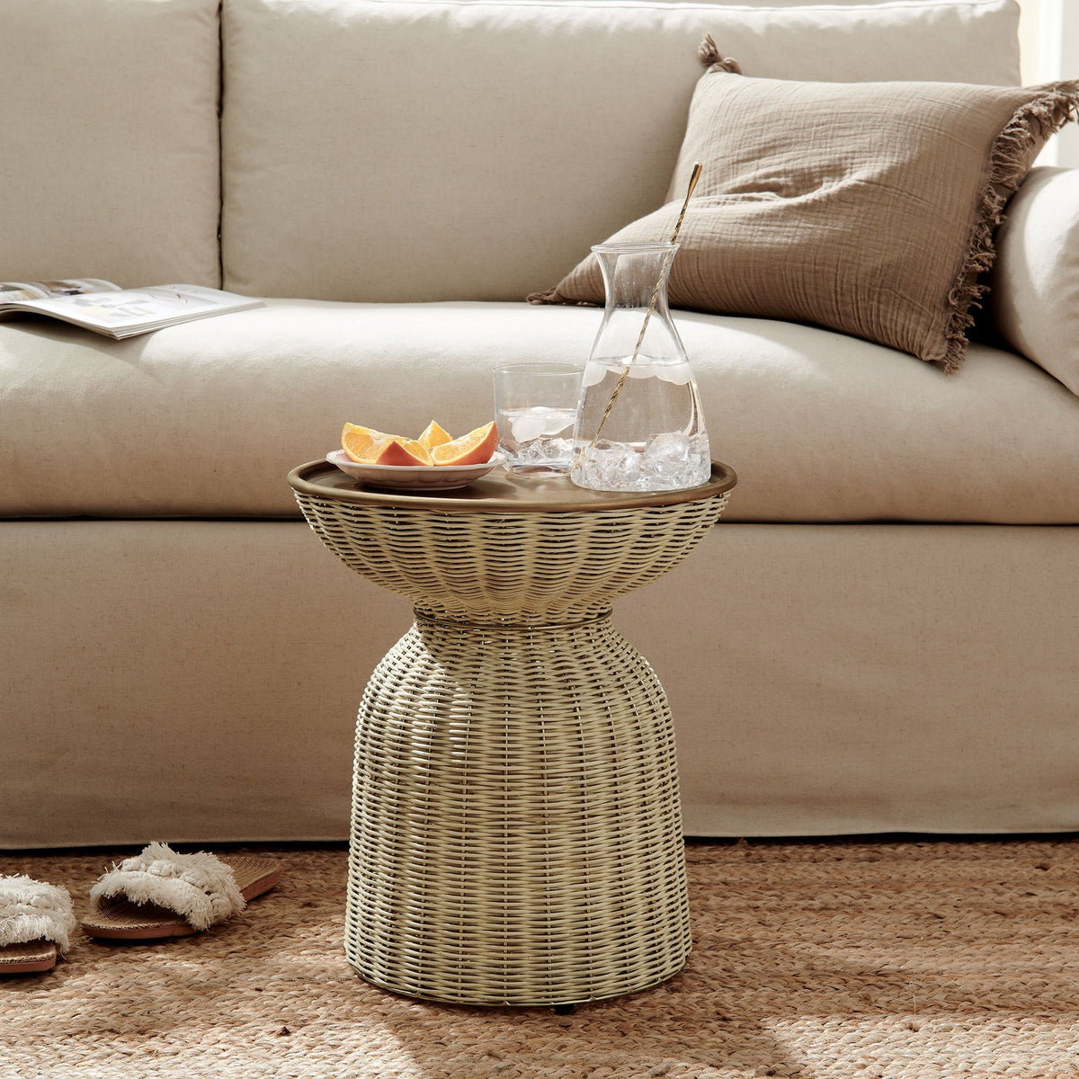 Lazaro Round Rattan End Table by Modway, beige wicker; glass carafe and orange slices on top on Tampa Home & Garden Store