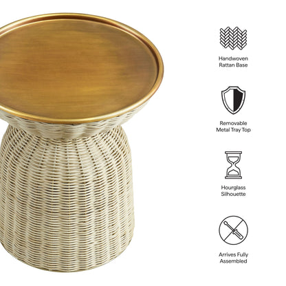 Lazaro Round Rattan Side Table by Modway, table with brass tray top and handwoven rattan base on Tampa Home & Garden Store