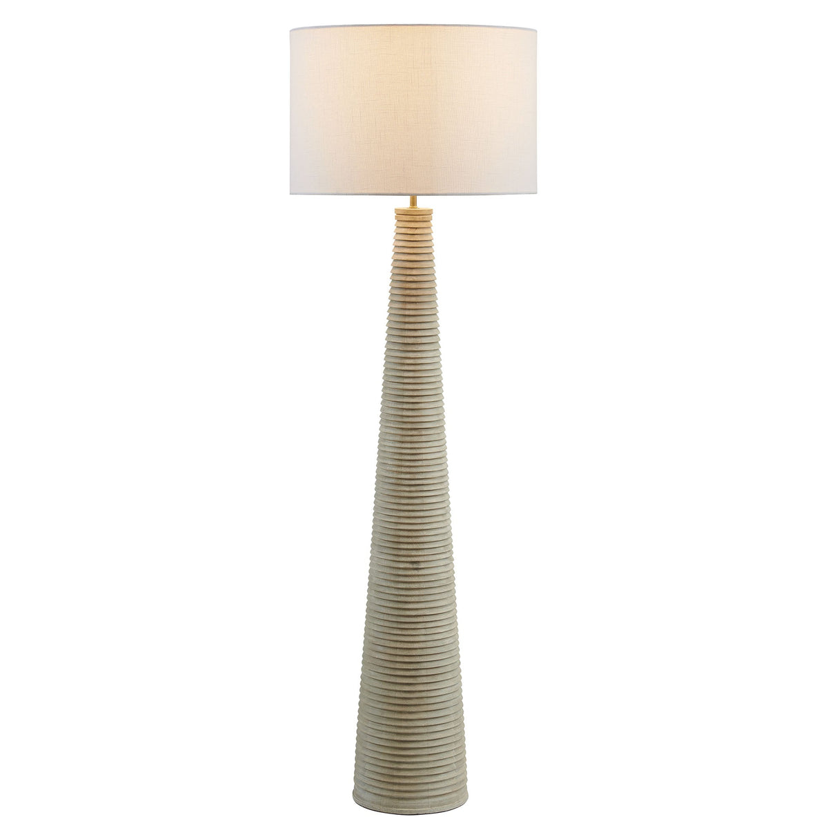 Saylor carved ribbed wood floor lamp with beige drum shade, natural stacked-wood column on Tampa Home & Garden Store
