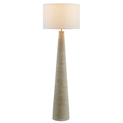 Saylor carved ribbed wood floor lamp with beige drum shade, natural stacked-wood column on Tampa Home & Garden Store