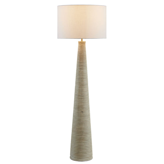 Saylor carved ribbed wood floor lamp with beige drum shade, natural stacked-wood column on Tampa Home & Garden Store