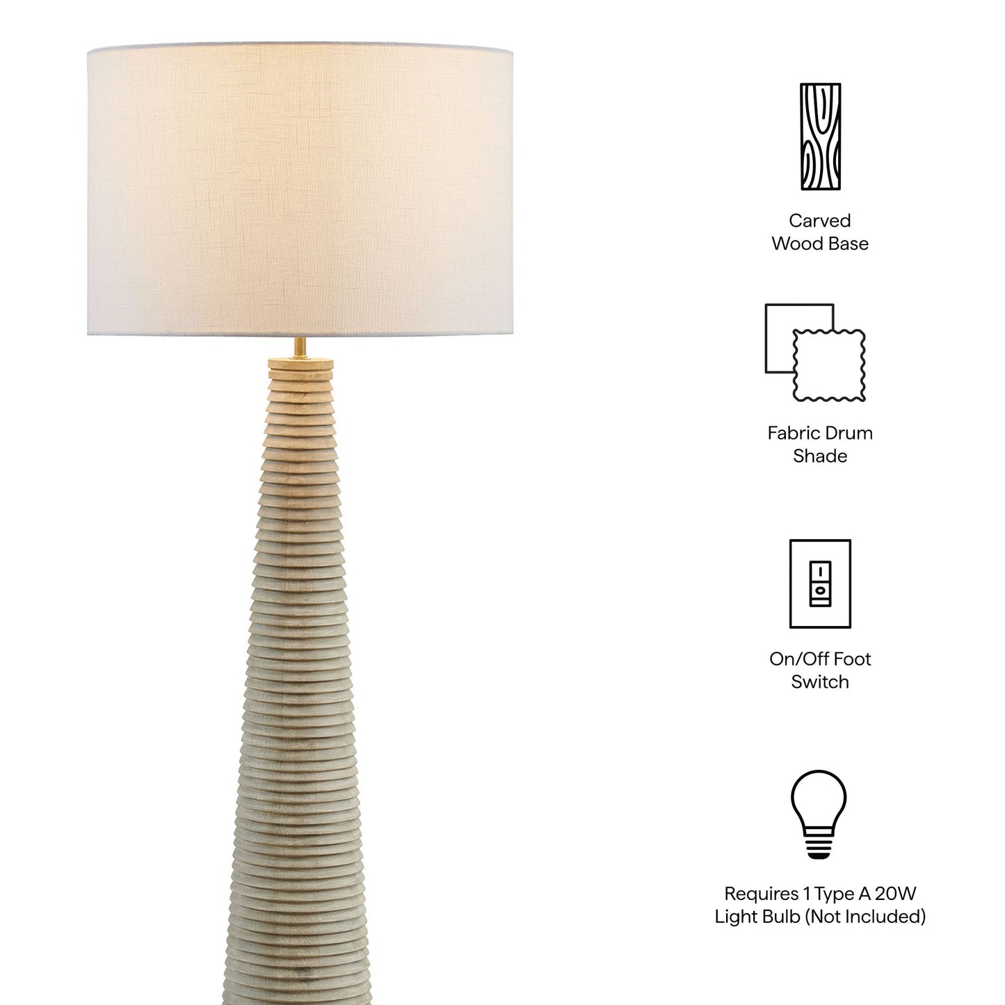 Saylor carved ribbed wood floor lamp with drum shade in natural wood by Modway on Tampa Home & Garden Store
