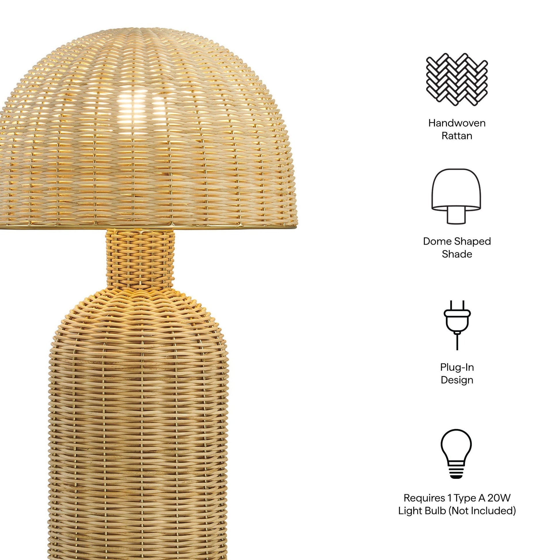 Briar Rattan Table Lamp by Modway, natural handwoven rattan, dome-shaped shade, plug-in on Tampa Home & Garden Store
