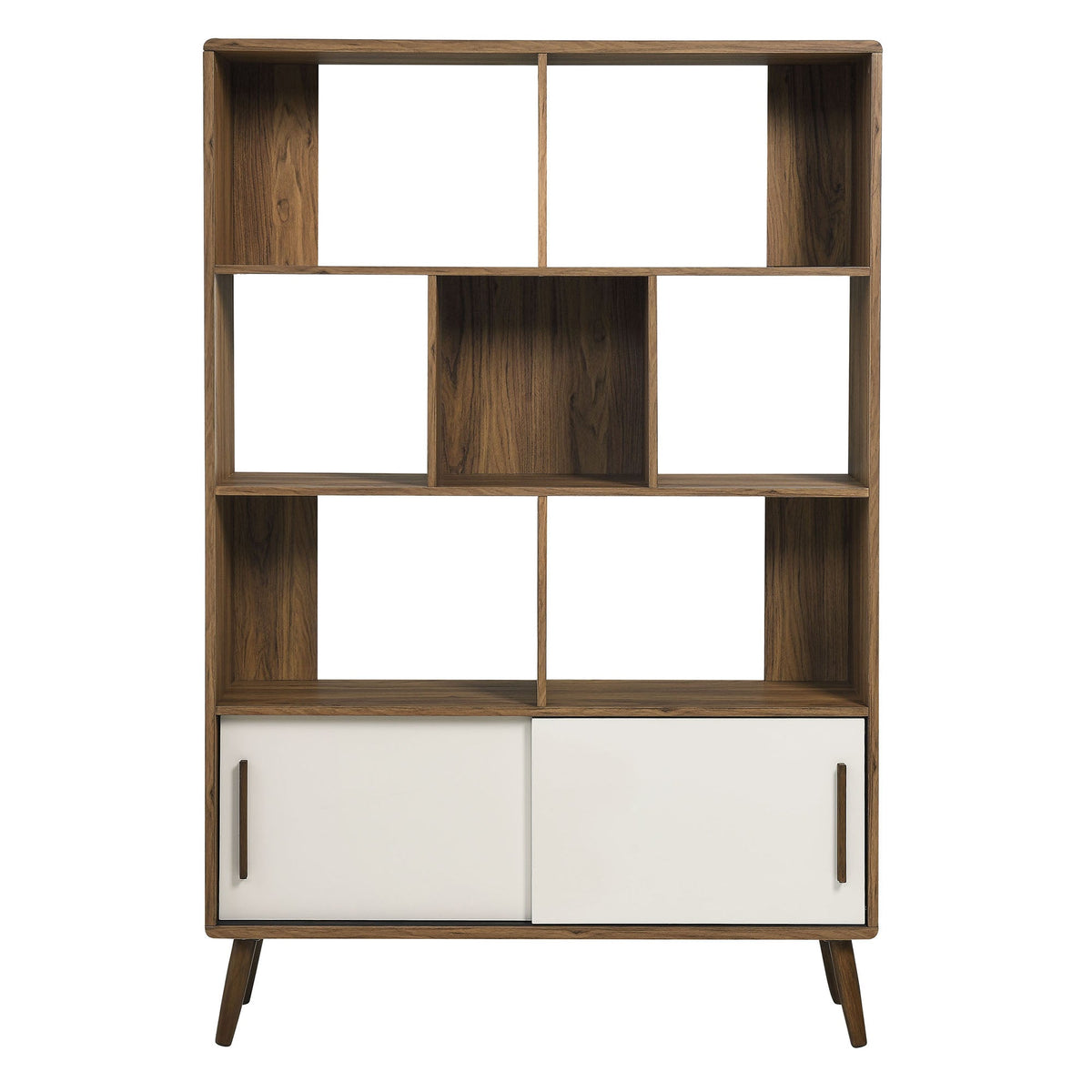 Transmit 45in bookcase with sliding doors, wood grain frame and white cabinet doors on Tampa Home & Garden Store