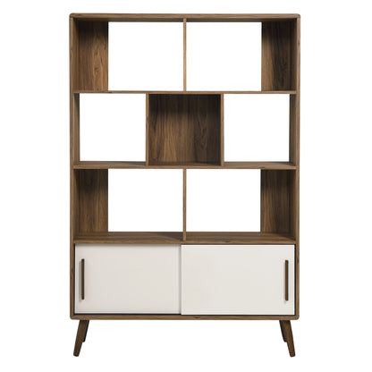 Transmit 45in bookcase with sliding doors, wood grain frame and white cabinet doors on Tampa Home & Garden Store