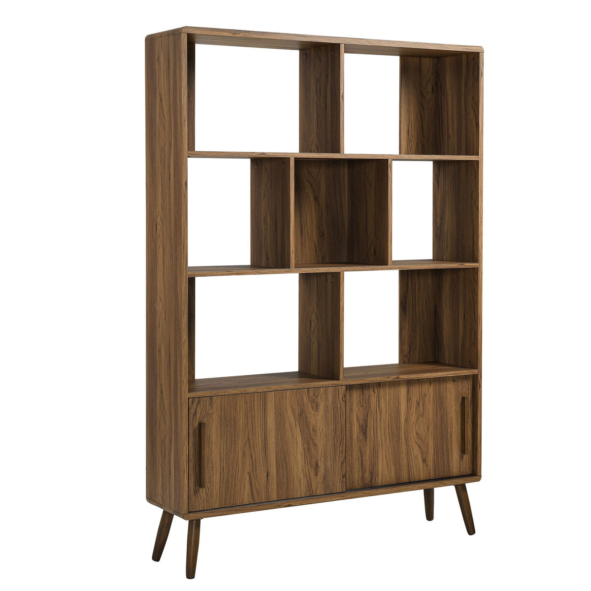 Transmit 45-inch four-tier bookcase with sliding doors in warm wood by HouseOfZazla for living room storage on Tampa Home & Garden Store