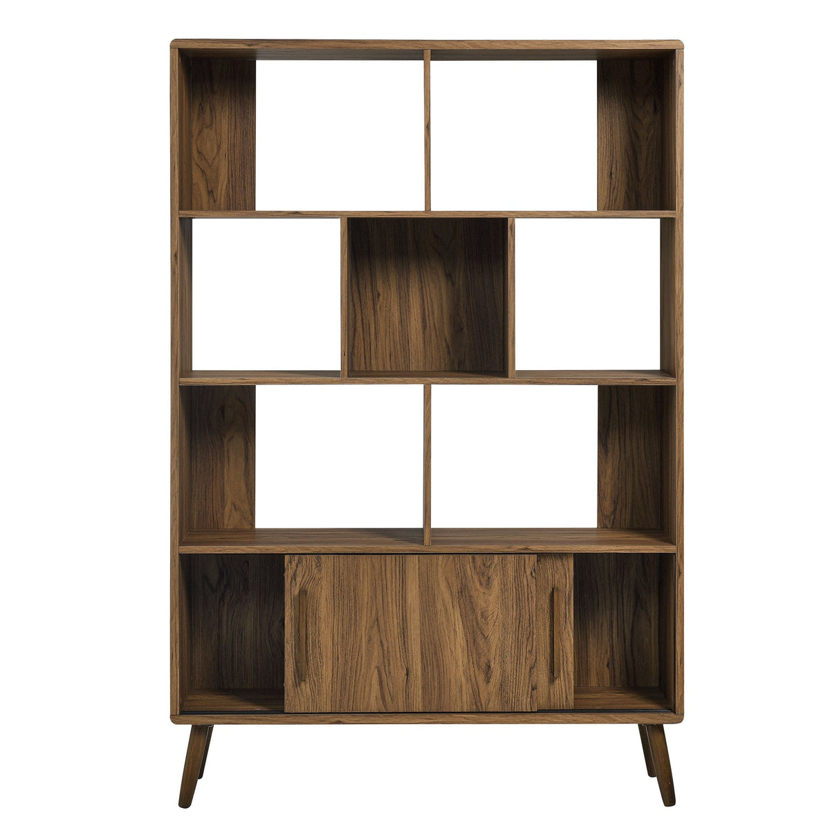 Transmit 45in four-tier bookcase with sliding doors in walnut finish with mid-century legs on Tampa Home & Garden Store