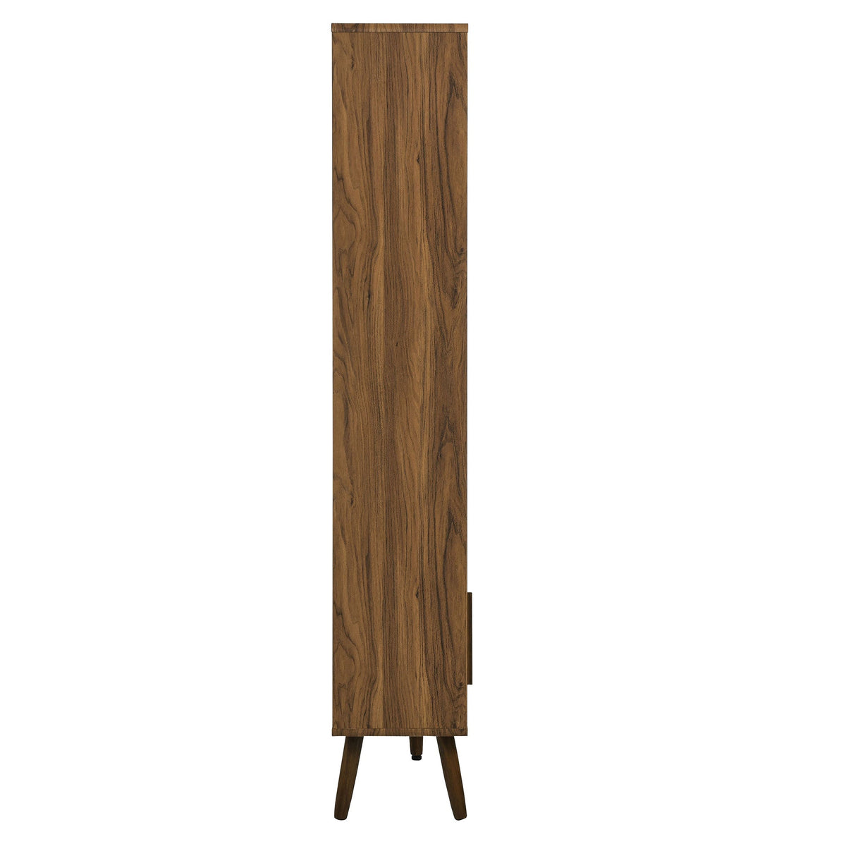 Transmit 59in Bookcase with Sliding Doors walnut veneer; mid-century cabinet with angled legs on Tampa Home & Garden Store