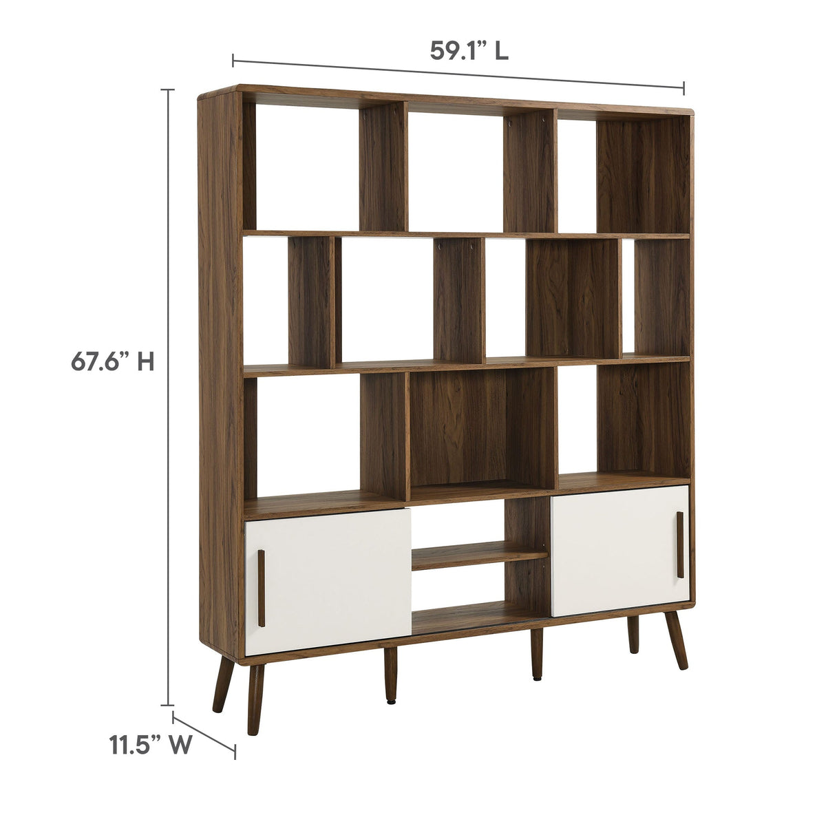 Transmit 59.1in bookcase with sliding doors in dark wood and white doors, splayed legs on Tampa Home & Garden Store