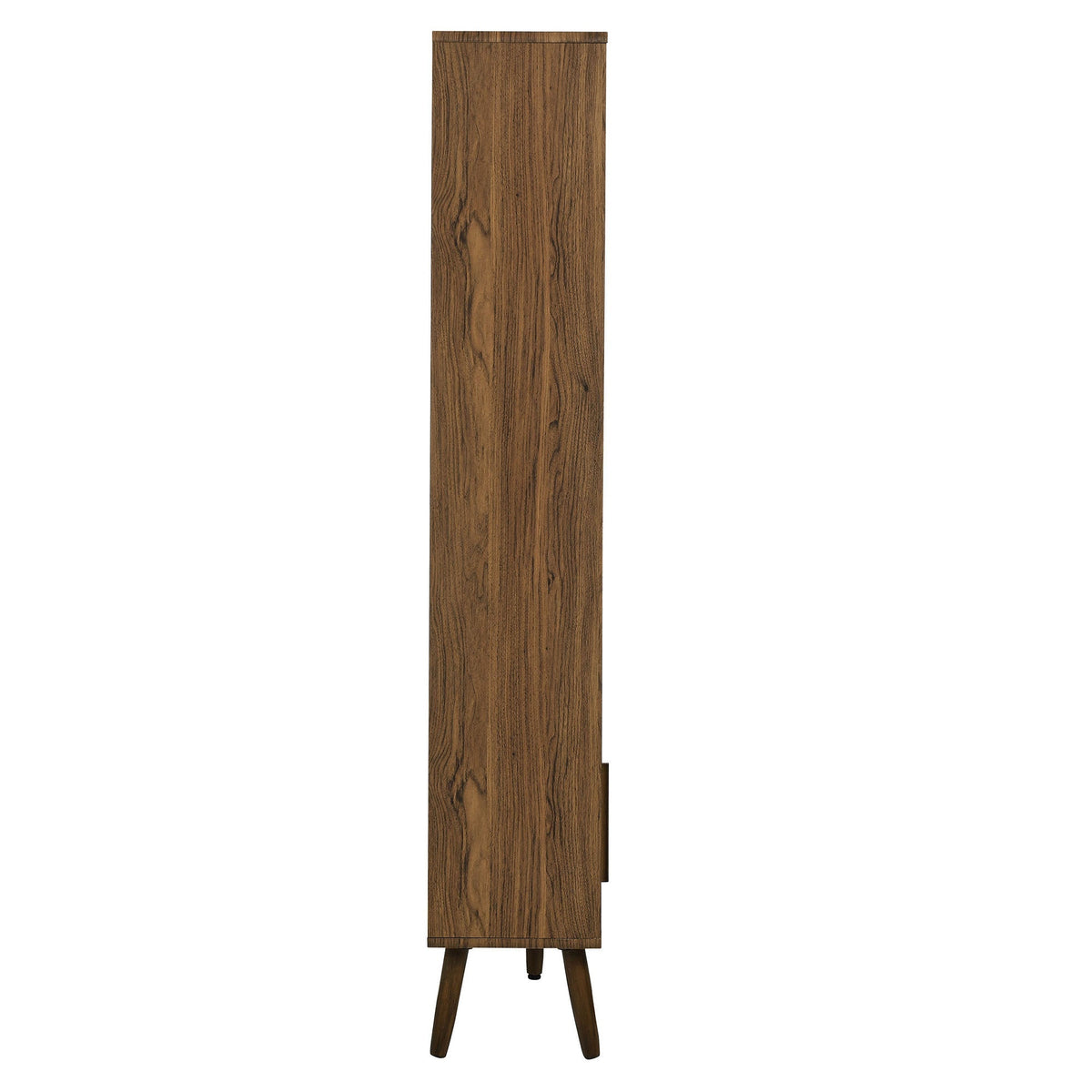 Transmit 59in bookcase with sliding doors in brown wood veneer on tapered mid-century legs on Tampa Home & Garden Store