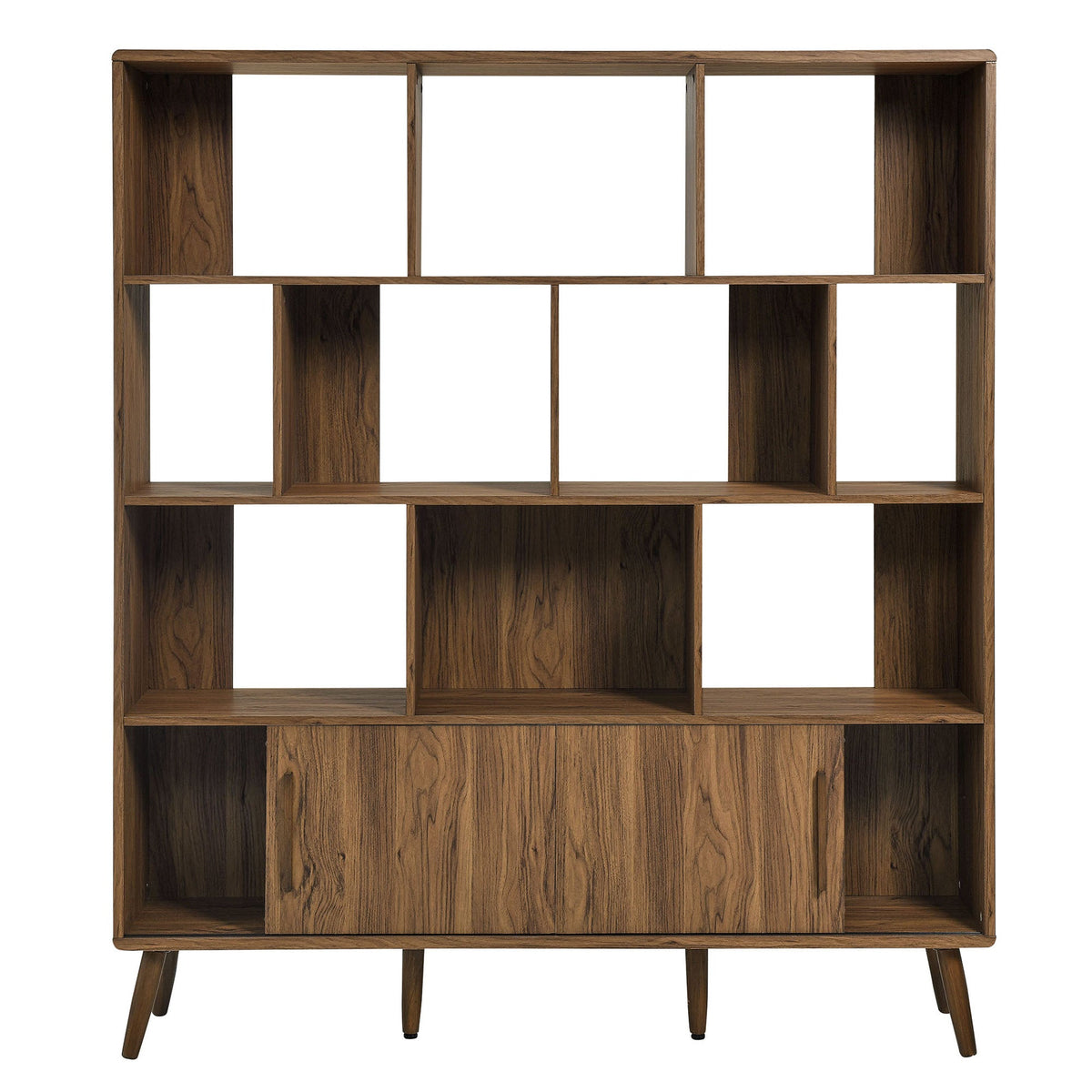 Transmit 59in Bookcase Sliding Doors walnut finish, open cubbies, mid-century legs on Tampa Home & Garden Store