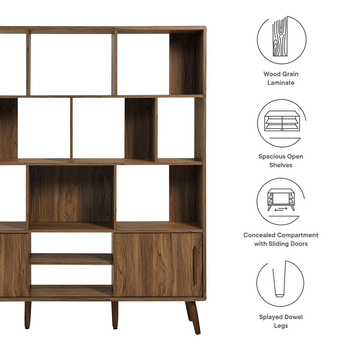 Transmit 59in wood bookcase with sliding doors; warm wood grain laminate and open shelves on Tampa Home & Garden Store