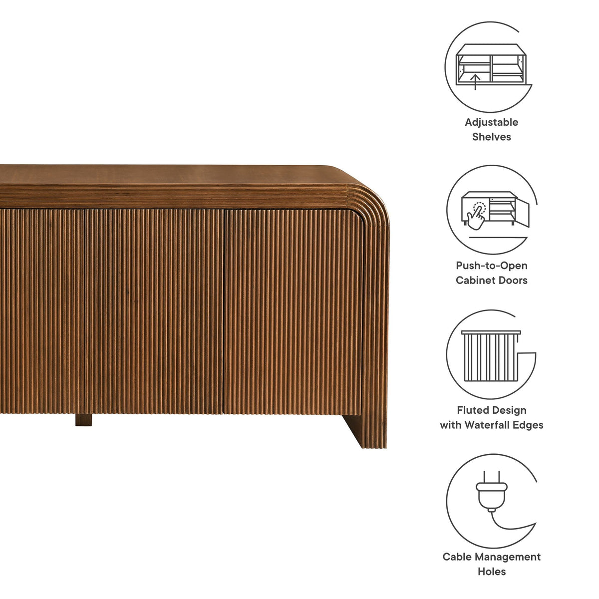 Waterflute 70in fluted sideboard cabinet in warm brown wood finish with waterfall edges on Tampa Home & Garden Store