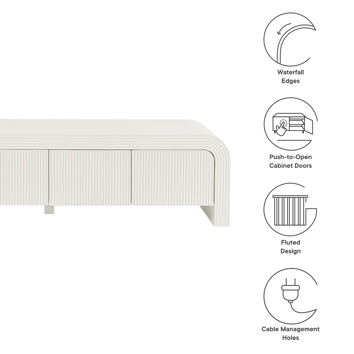 Waterflute 68-inch Fluted TV Stand by Modway, white grooved cabinet doors for living room on Tampa Home & Garden Store