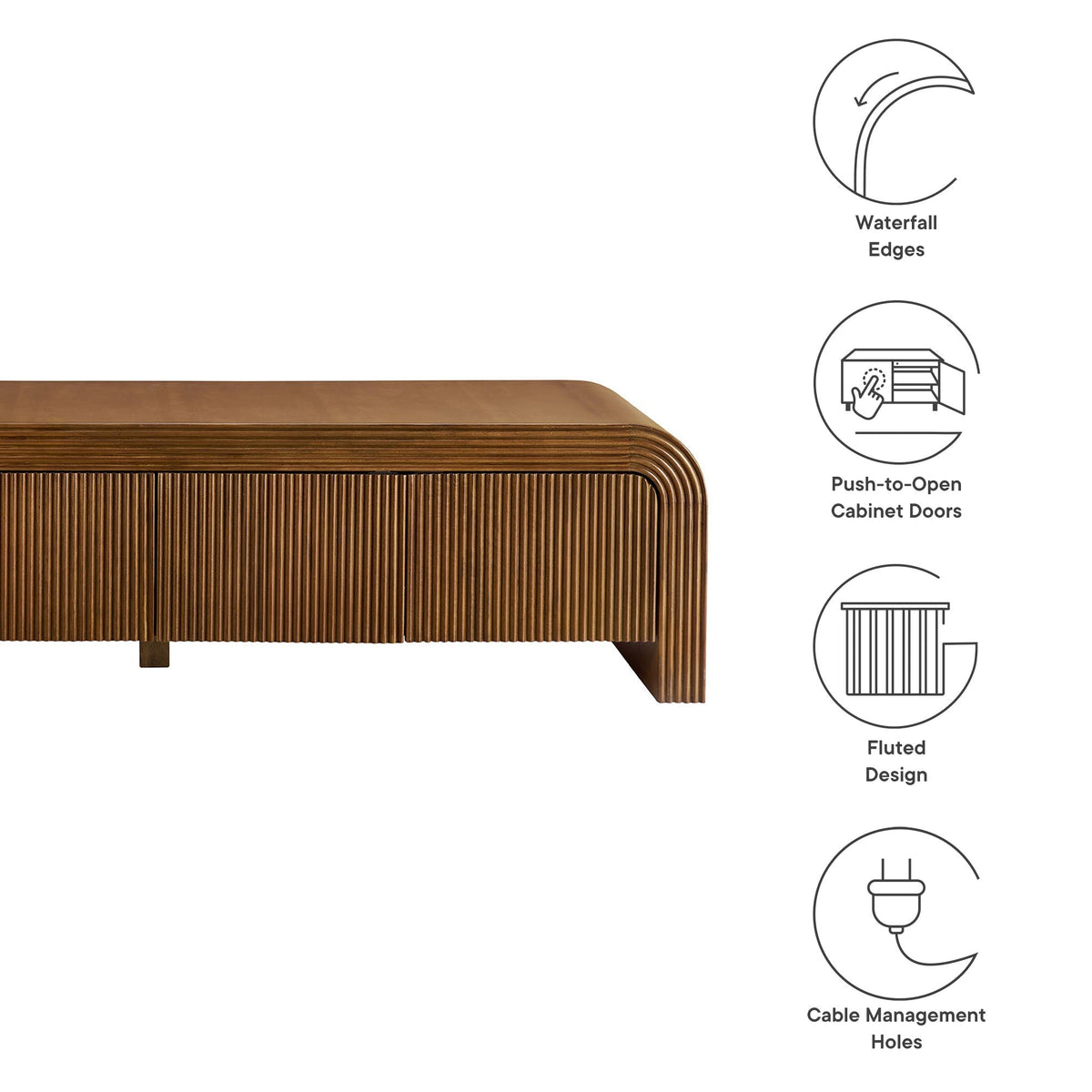 Waterflute 68in Fluted TV Stand by HouseOfZazla in walnut with waterfall edges and cable holes on Tampa Home & Garden Store