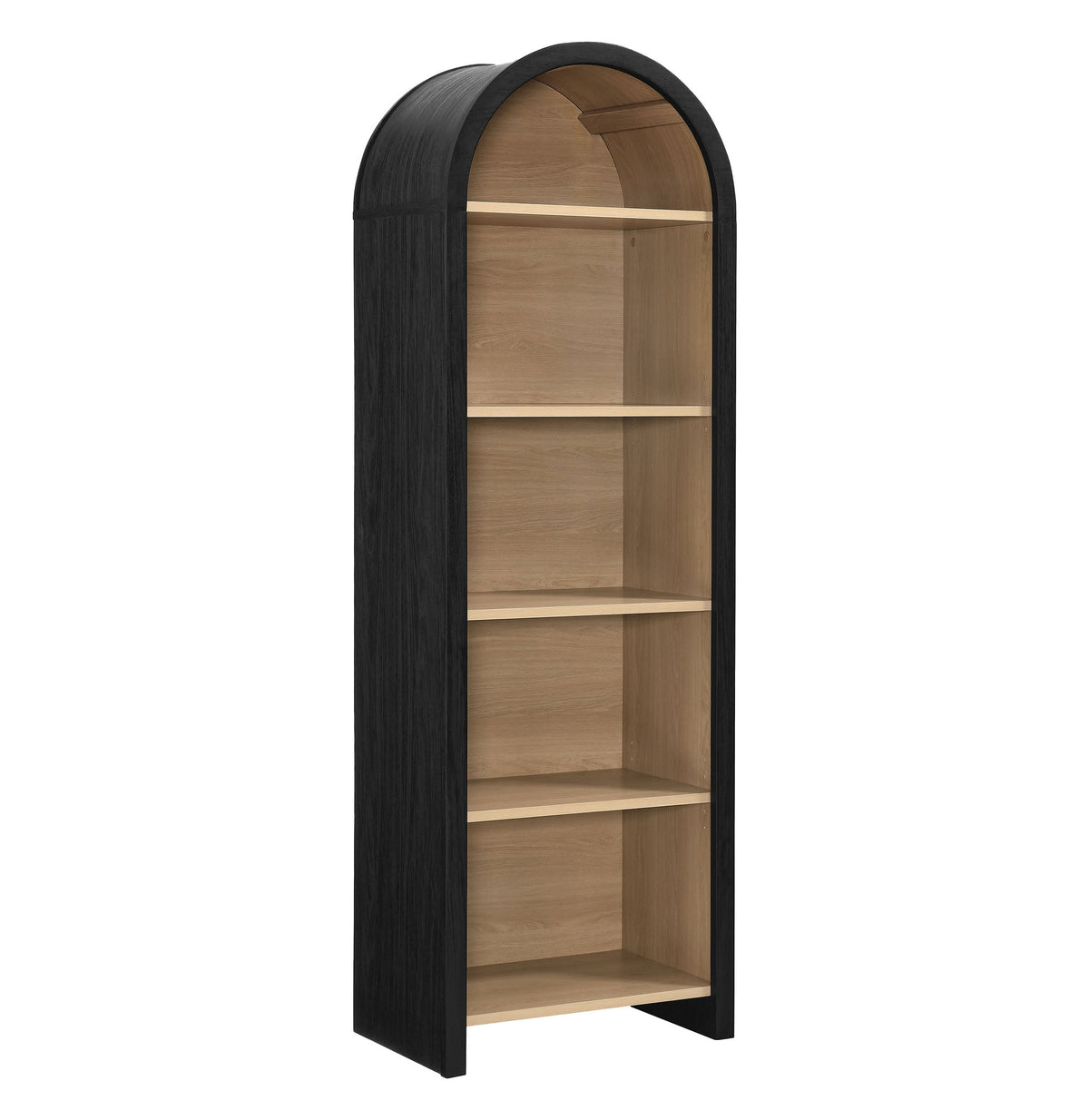 Evie Arched Narrow Bookcase Display Cabinet by Modway in black frame with natural wood shelves on Tampa Home & Garden Store