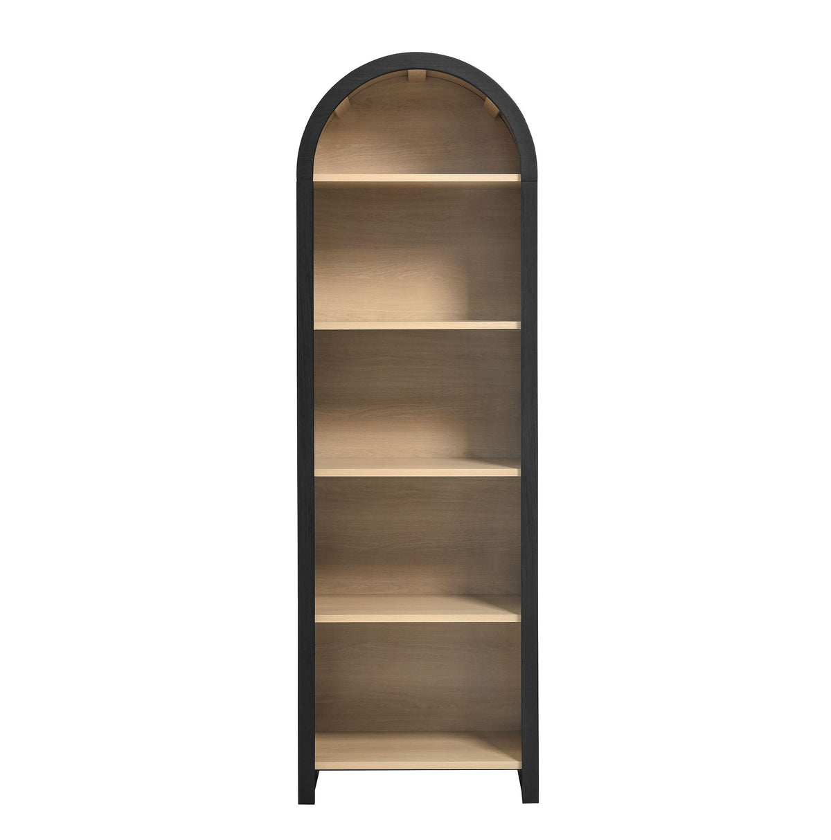 Evie arched narrow bookcase display cabinet in black frame with natural wood shelves on Tampa Home & Garden Store