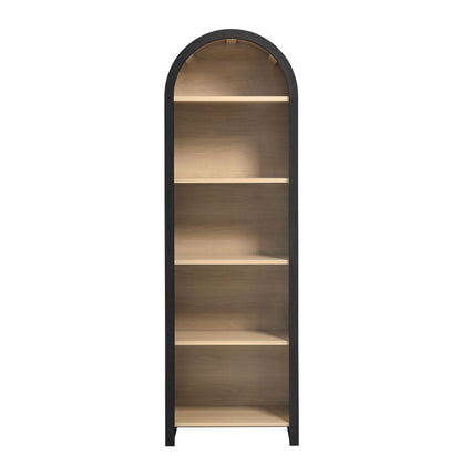 Evie arched narrow bookcase display cabinet in black frame with natural wood shelves on Tampa Home & Garden Store