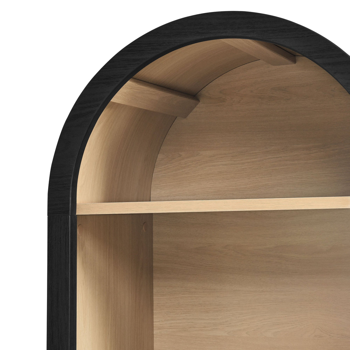 Evie Arched Narrow Bookcase Display Cabinet in black exterior with natural wood interior on Tampa Home & Garden Store