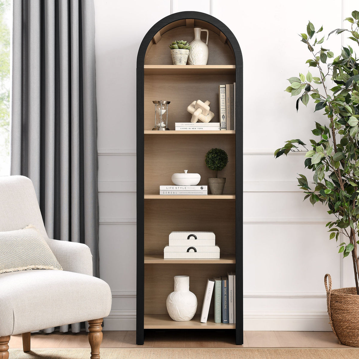 Evie Arched Narrow Bookcase Display Cabinet by Modway, black frame with wood shelves decor on Tampa Home & Garden Store