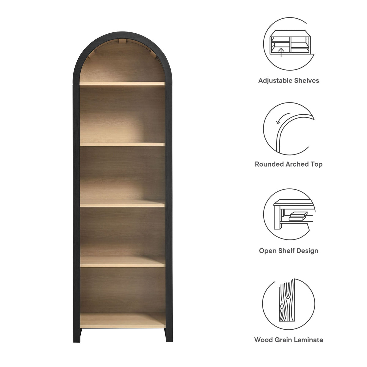 Evie arched narrow bookcase display cabinet by Modway, black frame with wood shelves on Tampa Home & Garden Store