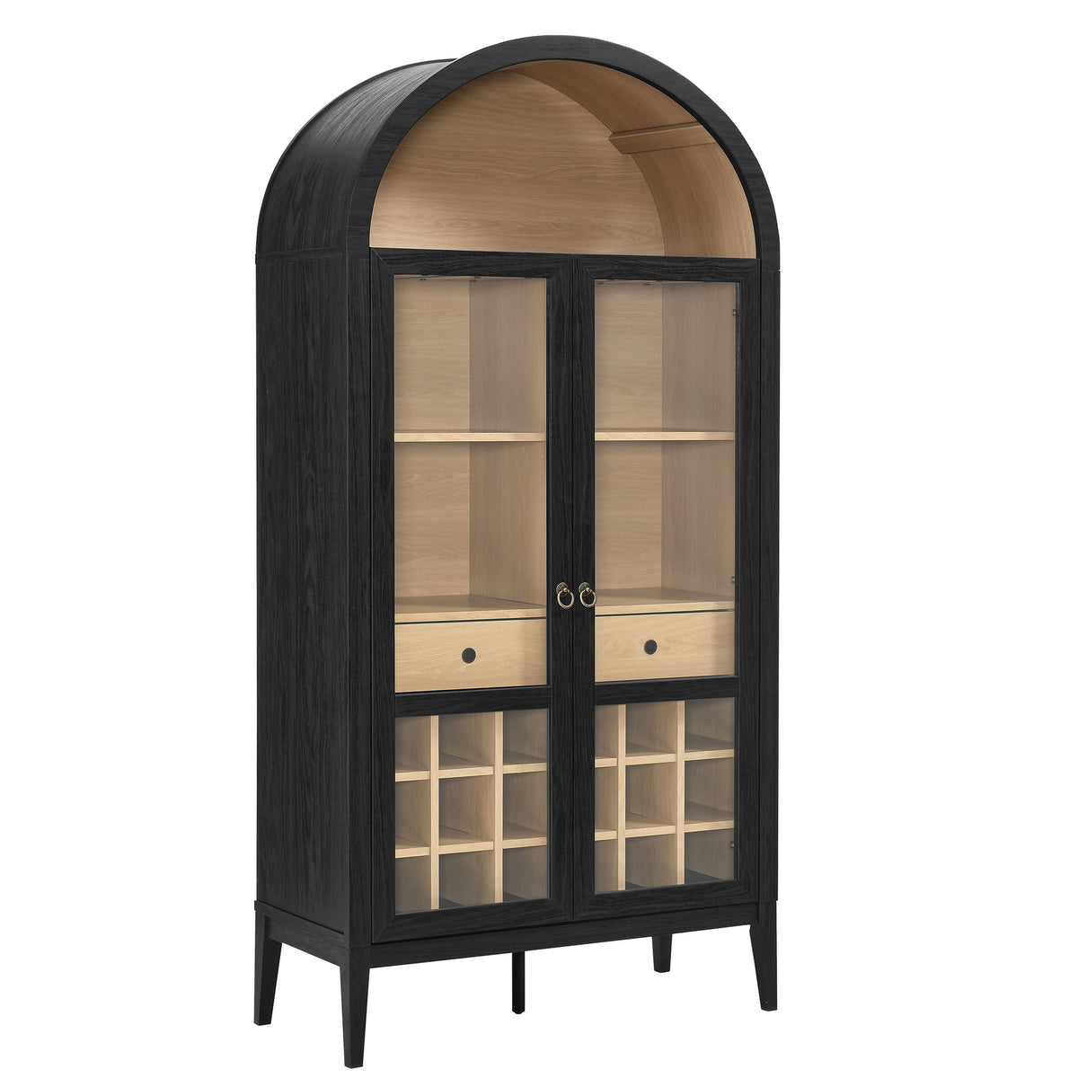 Nolan Arched Bar Cabinet by Modway, black exterior, light wood interior, glass-front doors on Tampa Home & Garden Store