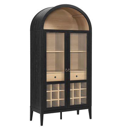 Nolan Arched Bar Cabinet by Modway, black exterior, light wood interior, glass-front doors on Tampa Home & Garden Store