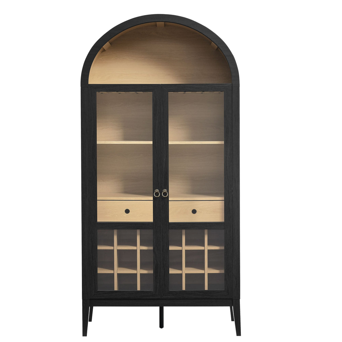 Nolan Arched Bar Cabinet by Modway, black wood frame with glass doors and warm interior for wine storage on Tampa Home & Garden Store