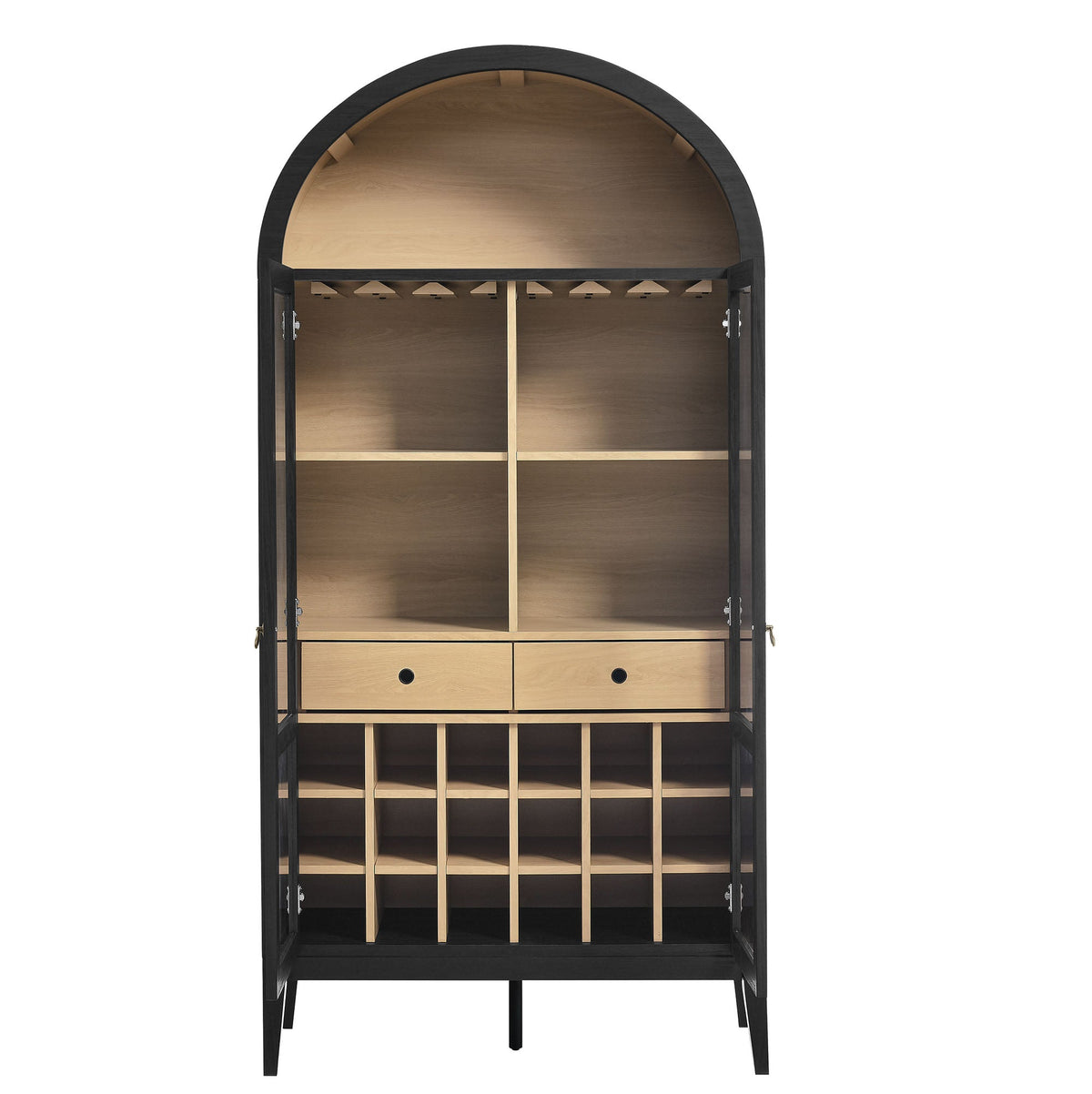 Nolan Arched Bar Cabinet by Modway, black exterior with wood interior, wine racks and cubbies on Tampa Home & Garden Store