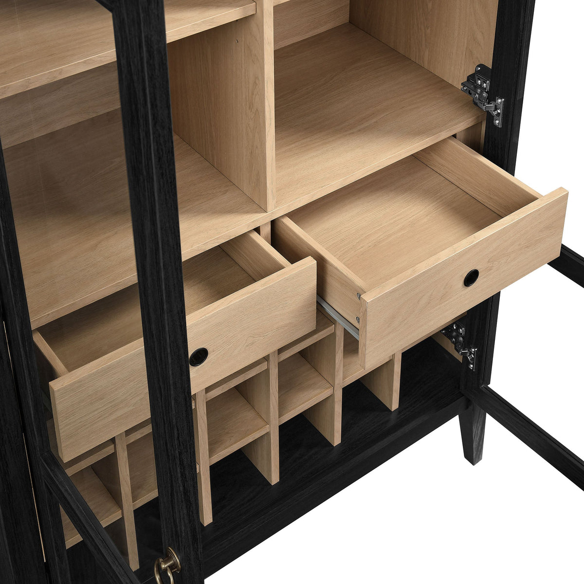 Nolan Arched Bar Cabinet interior with light oak shelves and black frame on Tampa Home & Garden Store